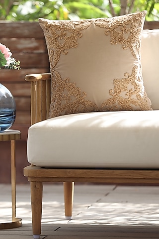 Beige Velvet Embroidered Cushion Cover by ICRAFT