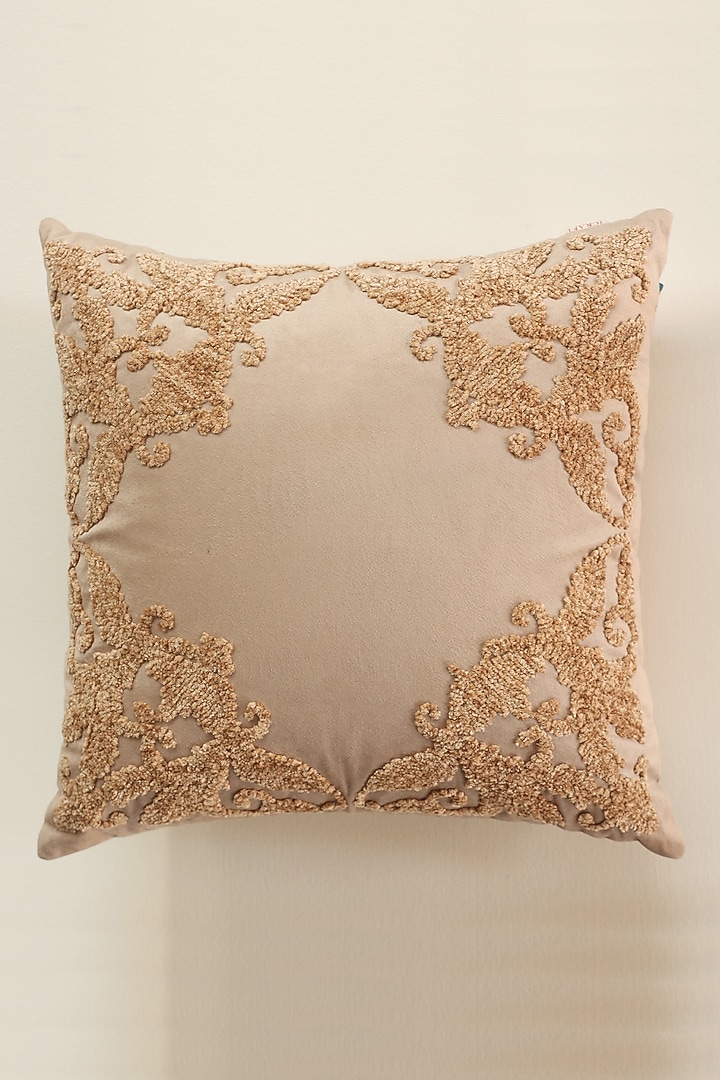 Beige Velvet Embroidered Cushion Cover by ICRAFT at Pernia's Pop Up Shop