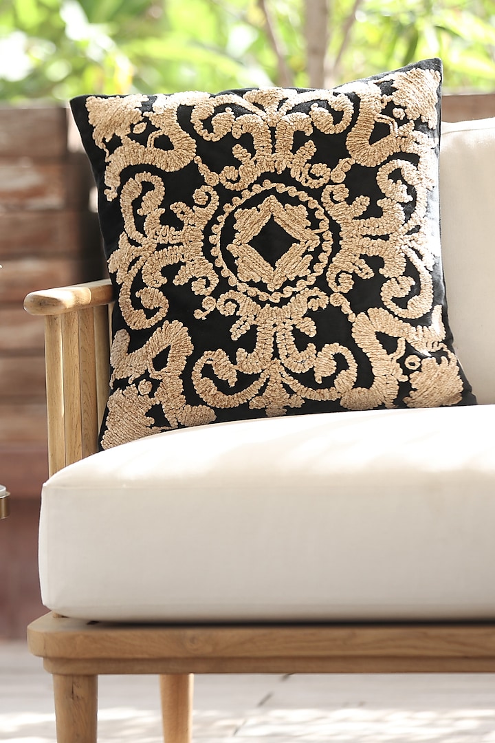 Black Silk Velvet Embroidered Cushion Cover by ICRAFT