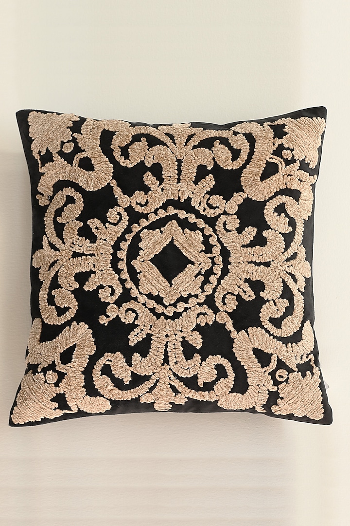Black Silk Velvet Embroidered Cushion Cover by ICRAFT at Pernia's Pop Up Shop