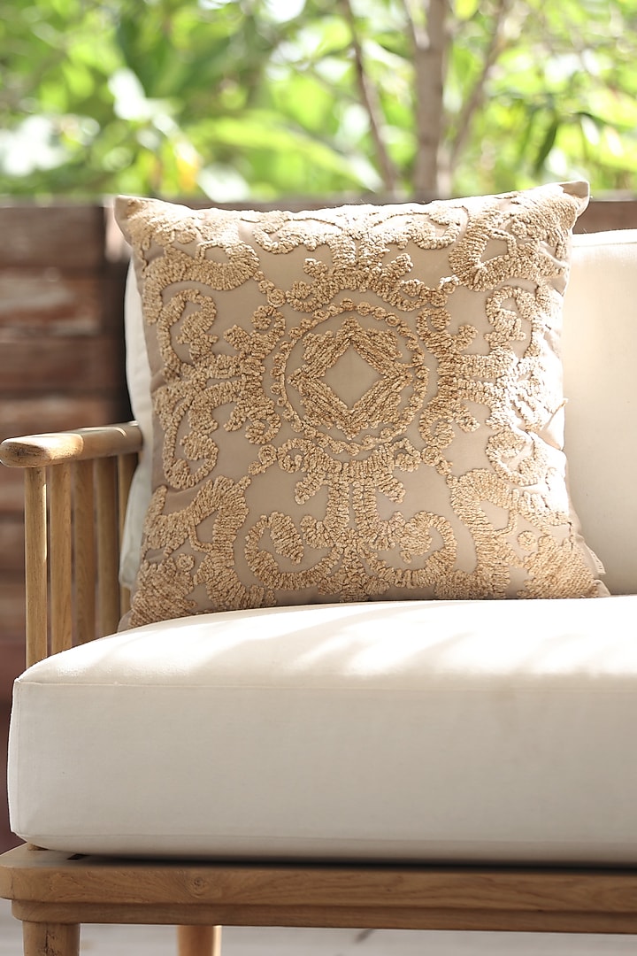 Beige Silk Velvet Embroidered Cushion Cover by ICRAFT at Pernia's Pop Up Shop