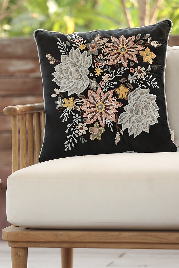Black Tussar Satin Embroidered Cushion Cover by ICRAFT