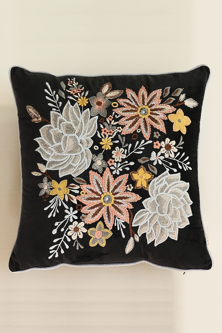 Black Tussar Satin Embroidered Cushion Cover by ICRAFT at Pernia's Pop Up Shop