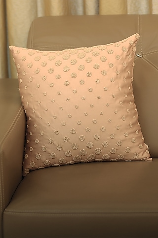 Peach Tussar Satin Embroidered Cushion Cover by ICRAFT