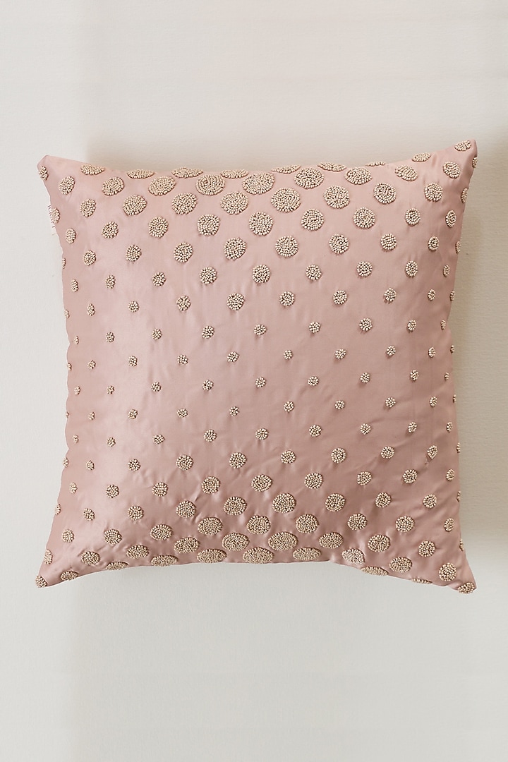 Peach Tussar Satin Embroidered Cushion Cover by ICRAFT at Pernia's Pop Up Shop