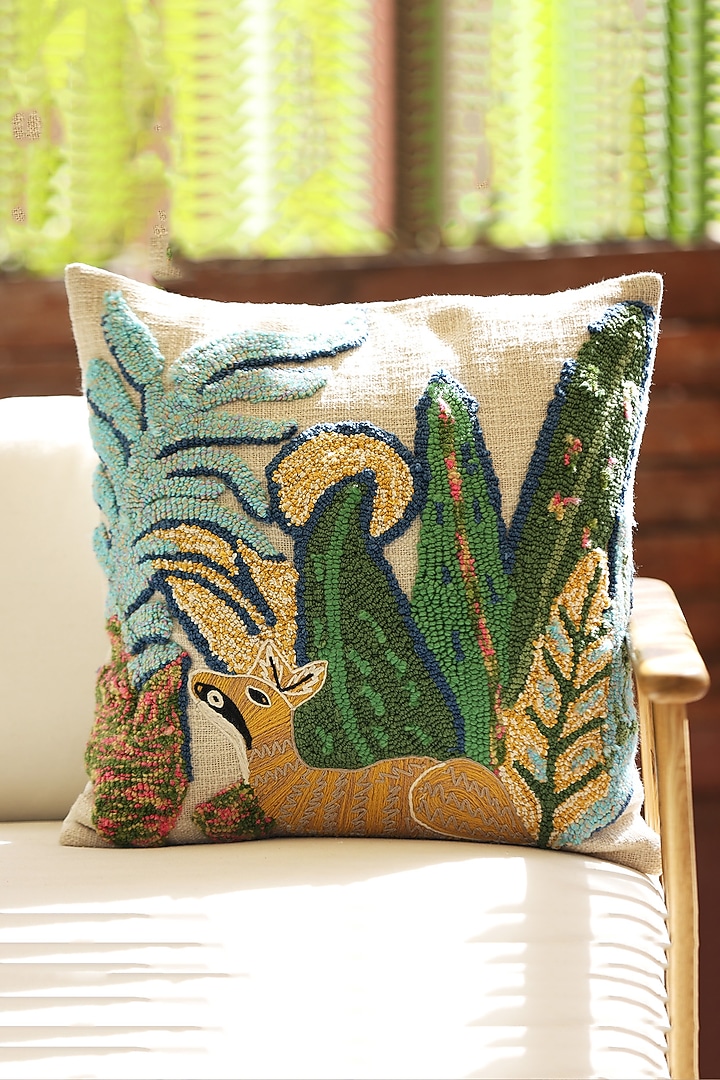 Multi-Colored Cotton Thread Embroidered Cushion Cover by ICRAFT at Pernia's Pop Up Shop