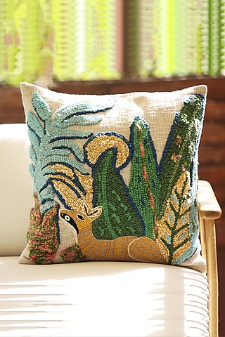 Multi-Colored Cotton Thread Embroidered Cushion Cover by ICRAFT
