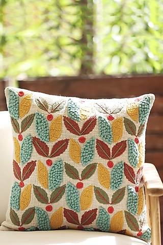 Multi-Colored Cotton Thread Embroidered Cushion Cover by ICRAFT