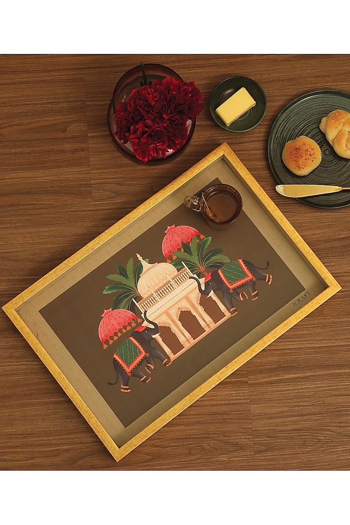 Gold MDF & Velvet Printed Tray by ICRAFT