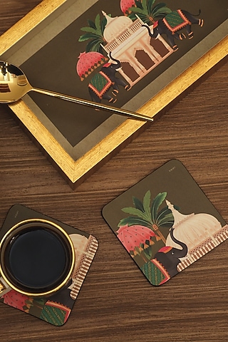 Gold MDF & Velvet Printed Coasters Set by ICRAFT