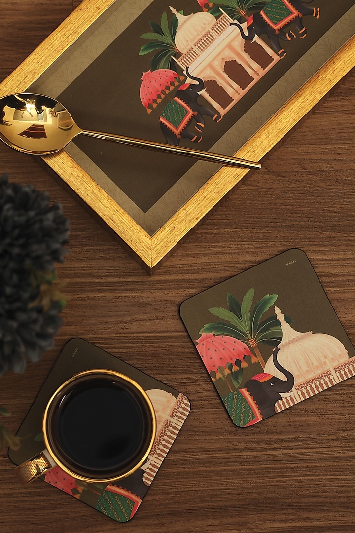 Gold MDF & Velvet Printed Coasters Set by ICRAFT at Pernia's Pop Up Shop
