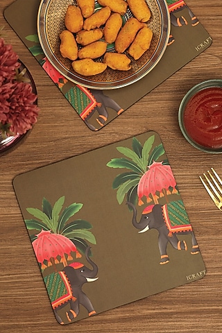 Gold MDF & Velvet Printed Square Trivet Set by ICRAFT