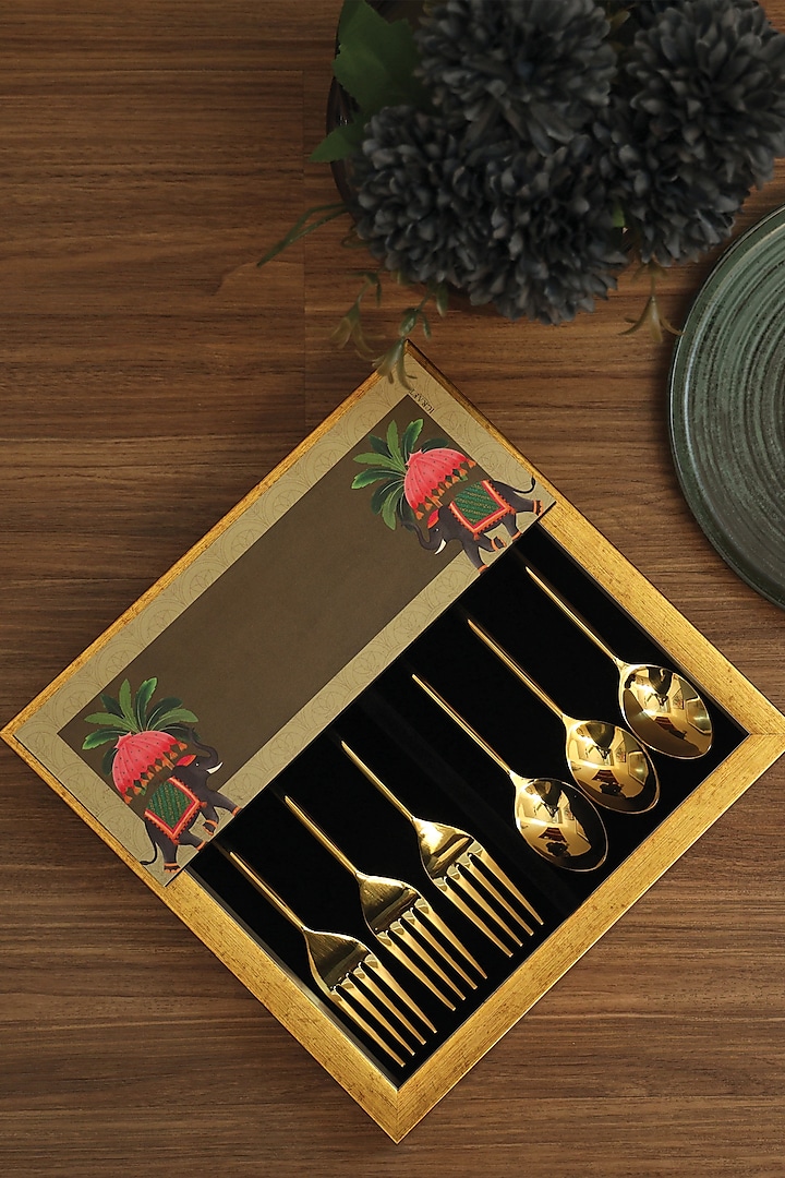 Gold MDF & Velvet Printed Cutlery Tray by ICRAFT
