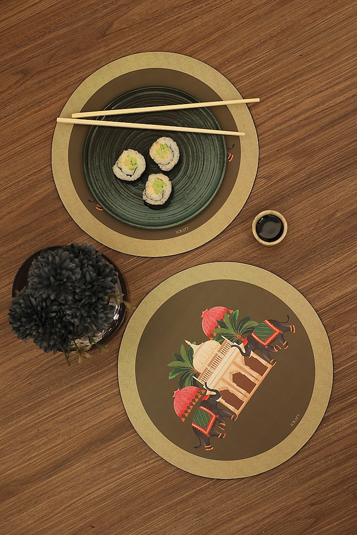 Multi-Colored MDF & Velvet Printed Round Tablemats (Set of 6) by ICRAFT