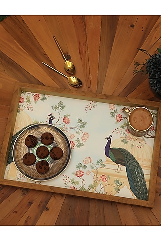 Light Brown MDF & Velvet Floral Printed Rectangle&nbsp;Tray by ICRAFT