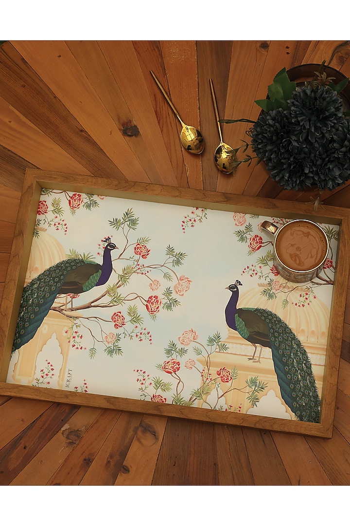 Light Brown MDF & Velvet Floral Printed Rectangle Tray by ICRAFT at Pernia's Pop Up Shop