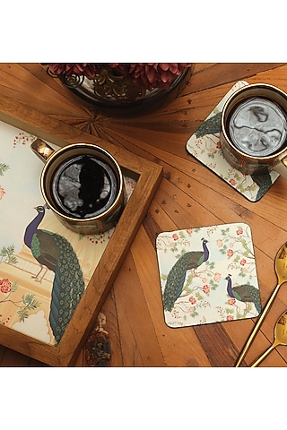 White MDF & Velvet Floral Printed Coaster (Set of 6) by ICRAFT