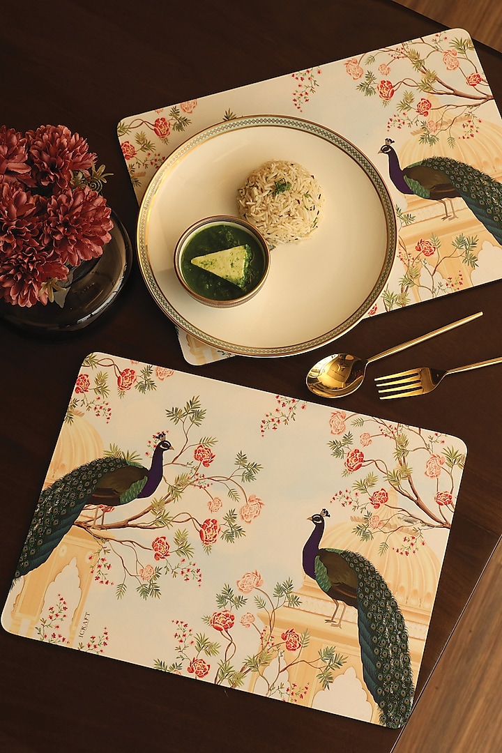 White MDF & Velvet Floral Printed Tablemats (Set of 6) by ICRAFT