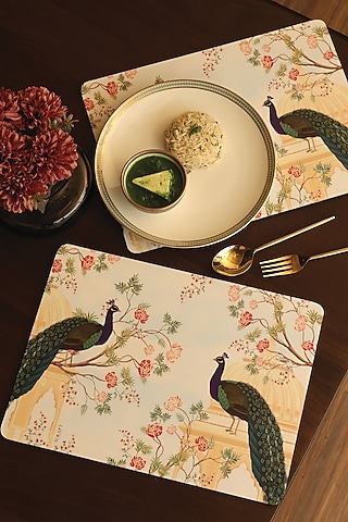 White MDF & Velvet Floral Printed Tablemats (Set of 6) by ICRAFT