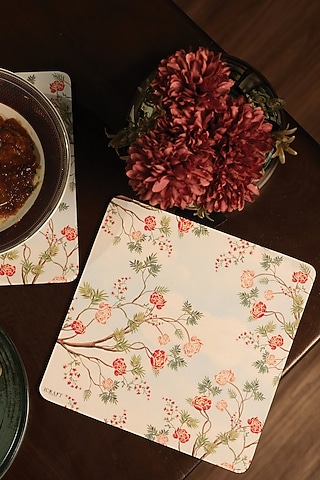 White MDF & Velvet Floral Printed Trivets (Set of 4) by ICRAFT