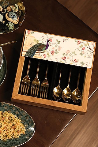 Light Brown MDF & Velvet Floral Printed Cutlery Tray by ICRAFT