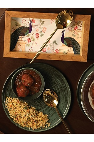 Light Brown MDF & Velvet Floral Printed Spoon Tray by ICRAFT