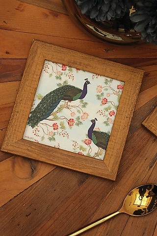 Light Brown MDF & Velvet Floral Printed Coasters (Set of 2) by ICRAFT