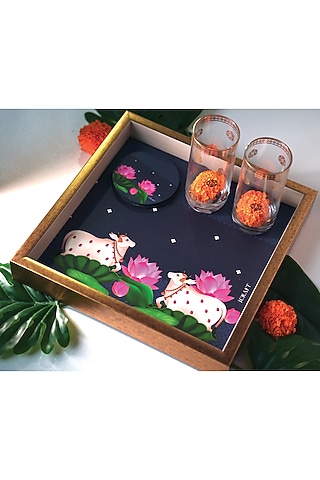 Blue & Gold MDF Wood Pichwai Printed Handcrafted Tray by ICRAFT