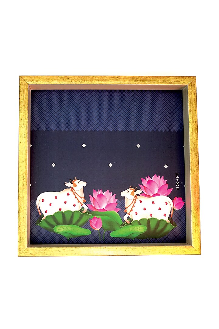 Blue & Gold MDF Wood Pichwai Printed Handcrafted Tray by ICRAFT at Pernia's Pop Up Shop