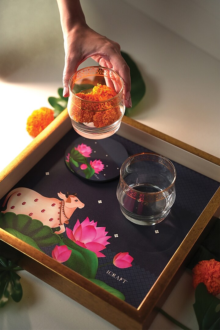 Blue & Gold MDF Wood Pichwai Printed Handcrafted Tray by ICRAFT at Pernia's Pop Up Shop