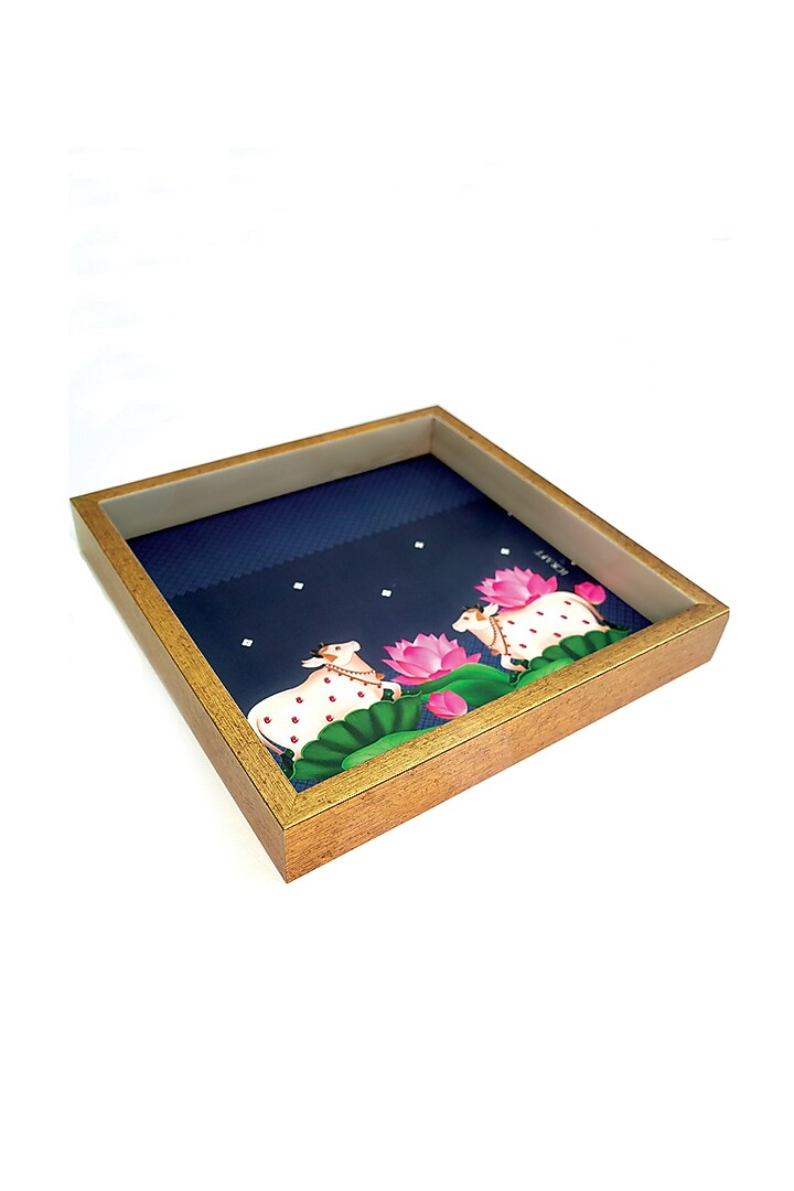 Blue & Gold MDF Wood Pichwai Printed Handcrafted Tray by ICRAFT at Pernia's Pop Up Shop
