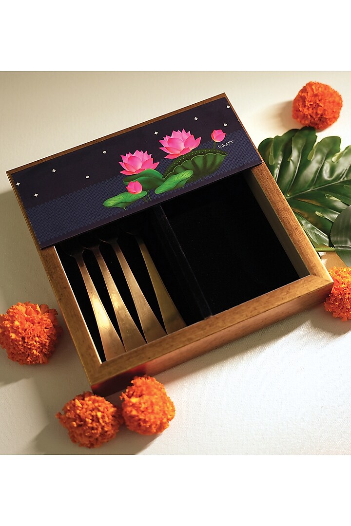 Blue & Gold MDF Wood Pichwai Handcrafted Cutlery Tray by ICRAFT