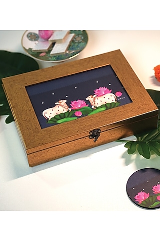 Blue & Gold Wooden Pichwai Storage Box by ICRAFT