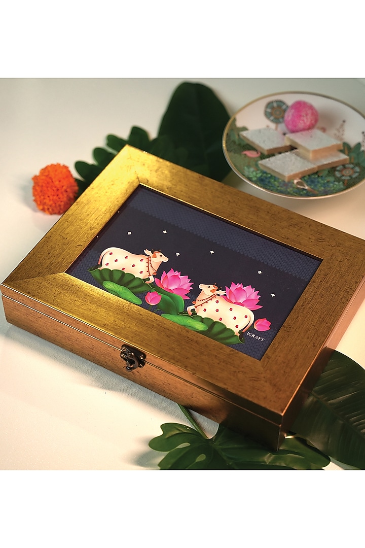 Blue & Gold Wooden Pichwai Storage Box by ICRAFT at Pernia's Pop Up Shop
