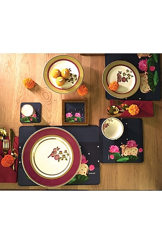 Blue MDF Wood Pichwai Handcrafted Square Placemats (Set of 6) by ICRAFT