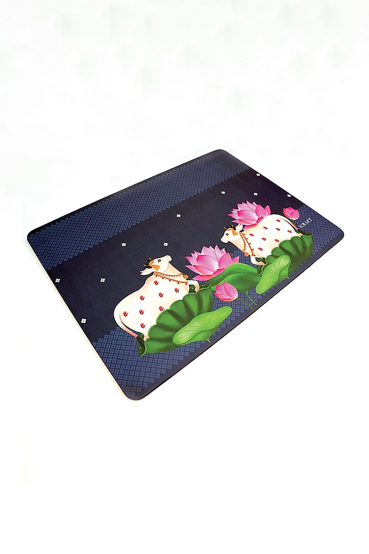 Blue MDF Wood Pichwai Handcrafted Square Placemats (Set of 6) by ICRAFT at Pernia's Pop Up Shop