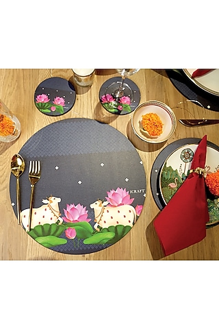 Blue MDF Wood Pichwai Handcrafted Round Placemats (Set of 6) by ICRAFT