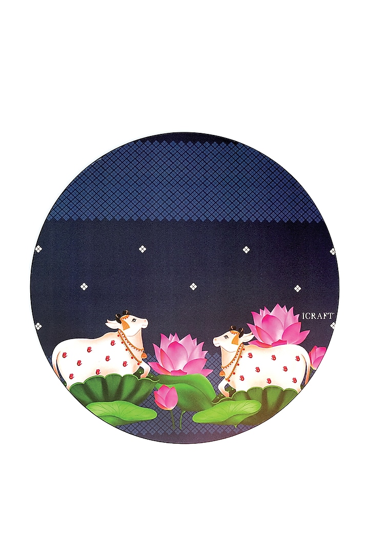 Blue MDF Wood Pichwai Handcrafted Round Placemats (Set of 6) by ICRAFT at Pernia's Pop Up Shop