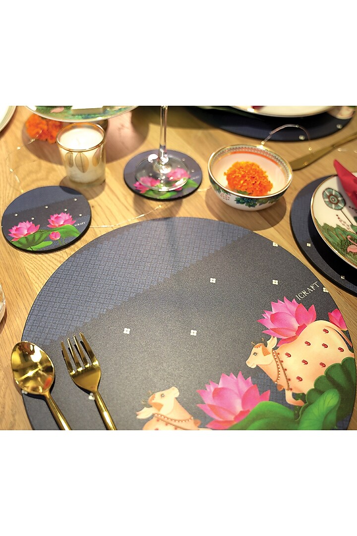 Blue MDF Wood Pichwai Handcrafted Round Placemats (Set of 6) by ICRAFT at Pernia's Pop Up Shop