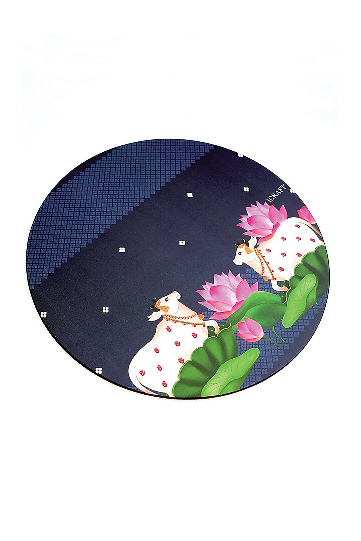 Blue MDF Wood Pichwai Handcrafted Round Placemats (Set of 6) by ICRAFT at Pernia's Pop Up Shop