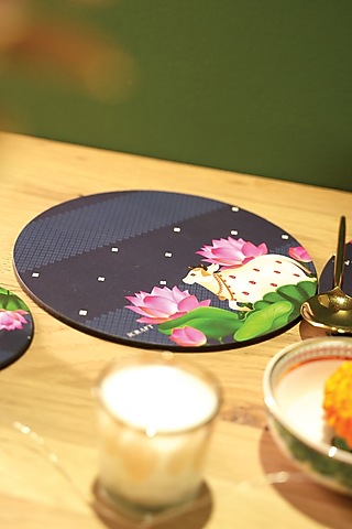 Blue MDF Wood Pichwai Handcrafted Round Trivets (Set of 4) by ICRAFT