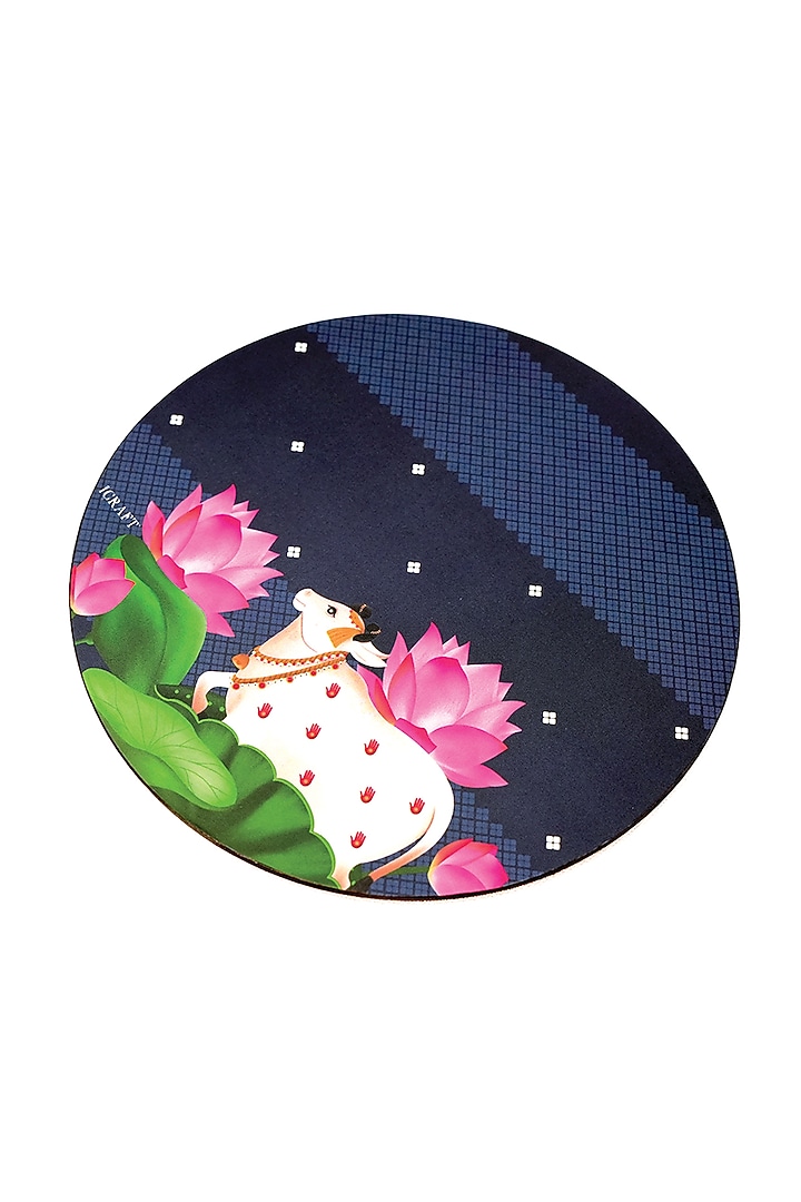 Blue MDF Wood Pichwai Handcrafted Round Trivets (Set of 4) by ICRAFT at Pernia's Pop Up Shop