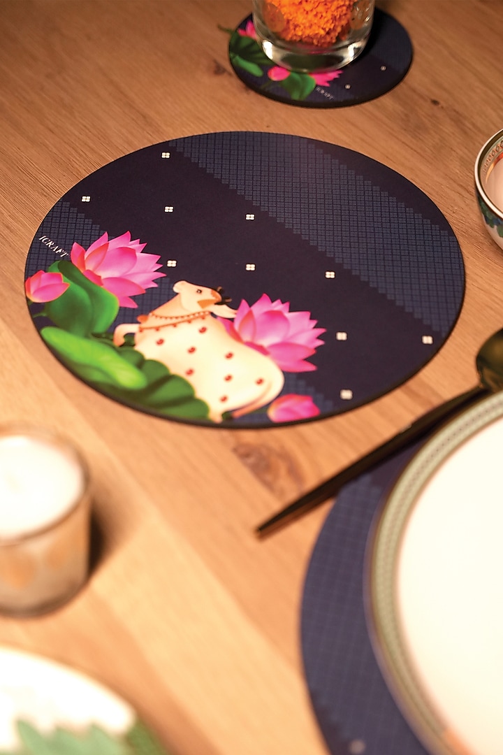 Blue MDF Wood Pichwai Handcrafted Round Trivets (Set of 4) by ICRAFT at Pernia's Pop Up Shop