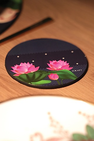 Blue MDF Wood Pichwai Handcrafted Round Coasters (Set of 6) by ICRAFT
