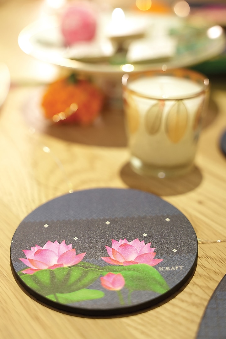 Blue MDF Wood Pichwai Handcrafted Round Coasters (Set of 6) by ICRAFT at Pernia's Pop Up Shop