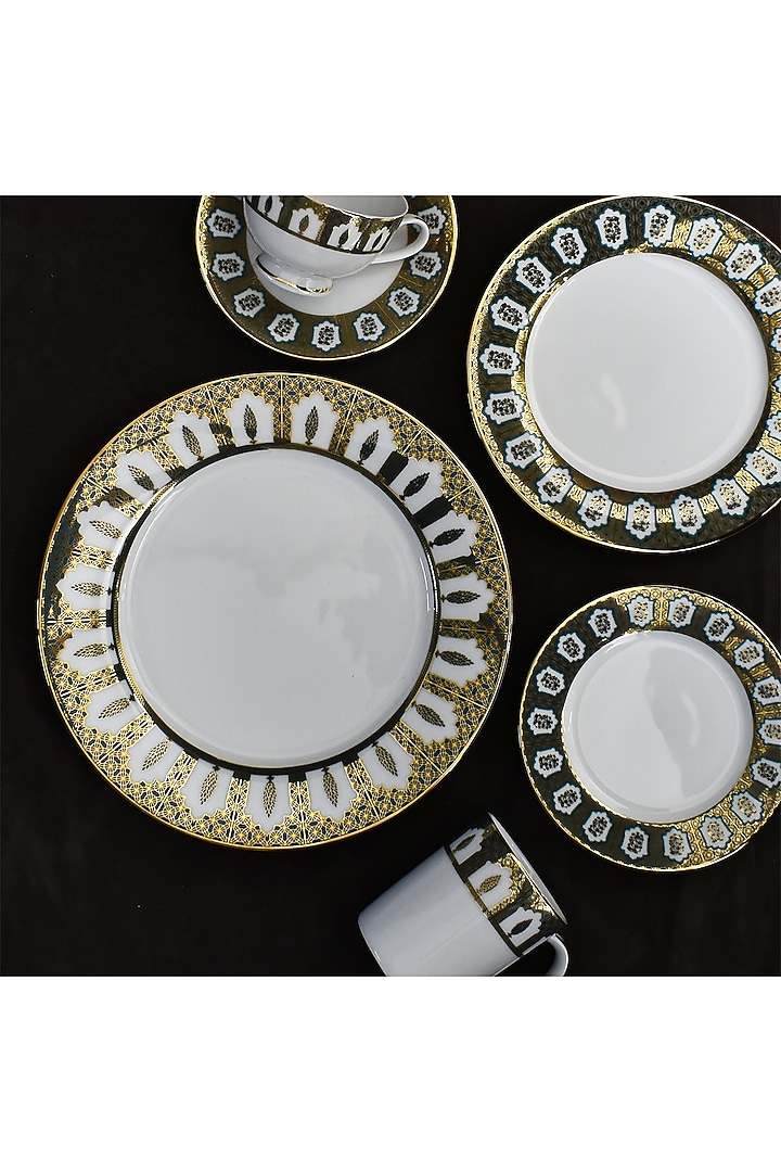 White & Golden Porcelain Printed Dinner Set Of 21 by ICHKAN at Pernia's Pop Up Shop