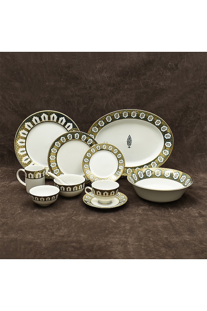 White & Golden Porcelain Printed Dinner Set Of 21 by ICHKAN at Pernia's Pop Up Shop