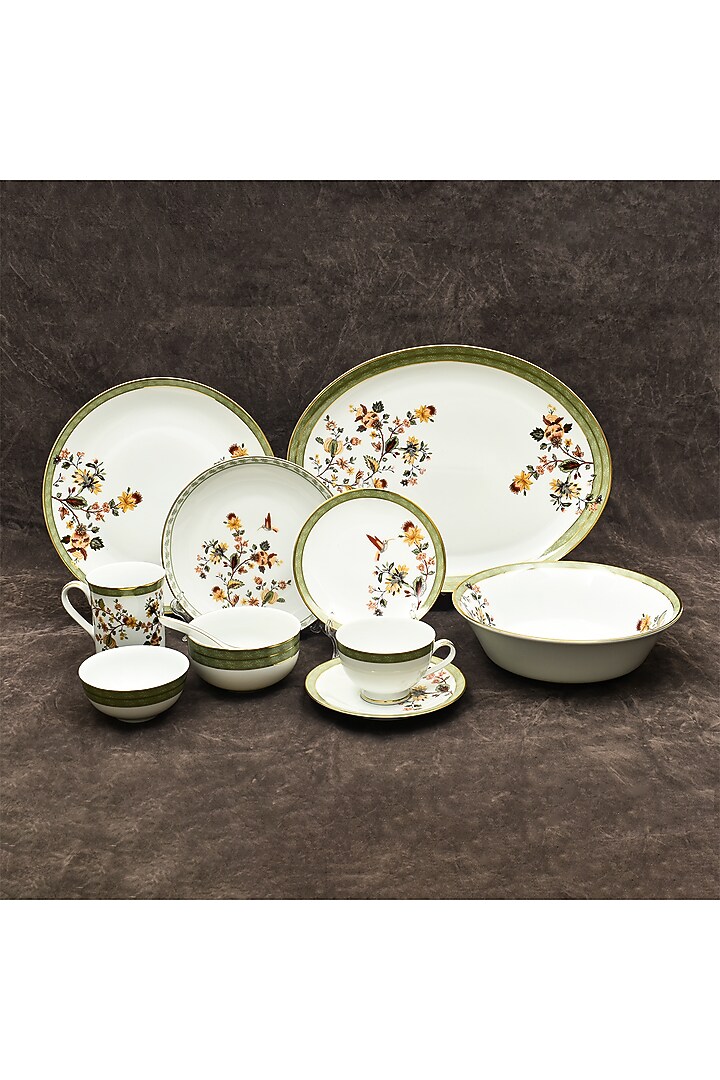 White Porcelain Floral Printed Dinner Set Of 33 by ICHKAN at Pernia's Pop Up Shop