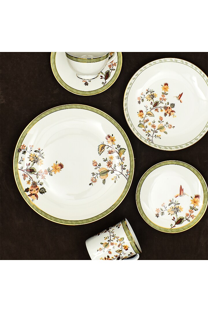 White Porcelain Floral Printed Dinner Set Of 33 by ICHKAN at Pernia's Pop Up Shop