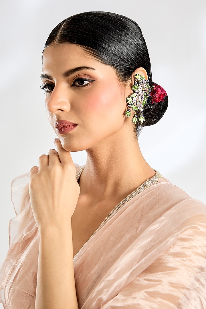 Gold Finish Green Stone Floral Earchains by Iguana By Swasti Parekh at Pernia's Pop Up Shop